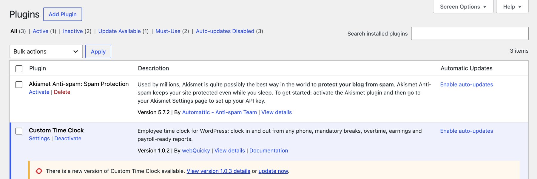 Time Clock documentation 1.0.2 (en) plugins