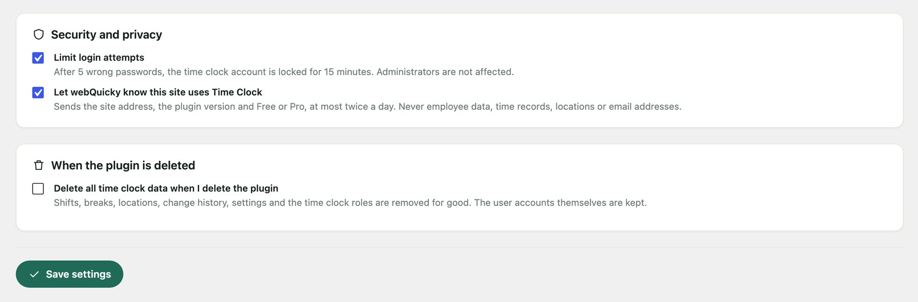 Time Clock documentation 1.0.2 (en) settings-security