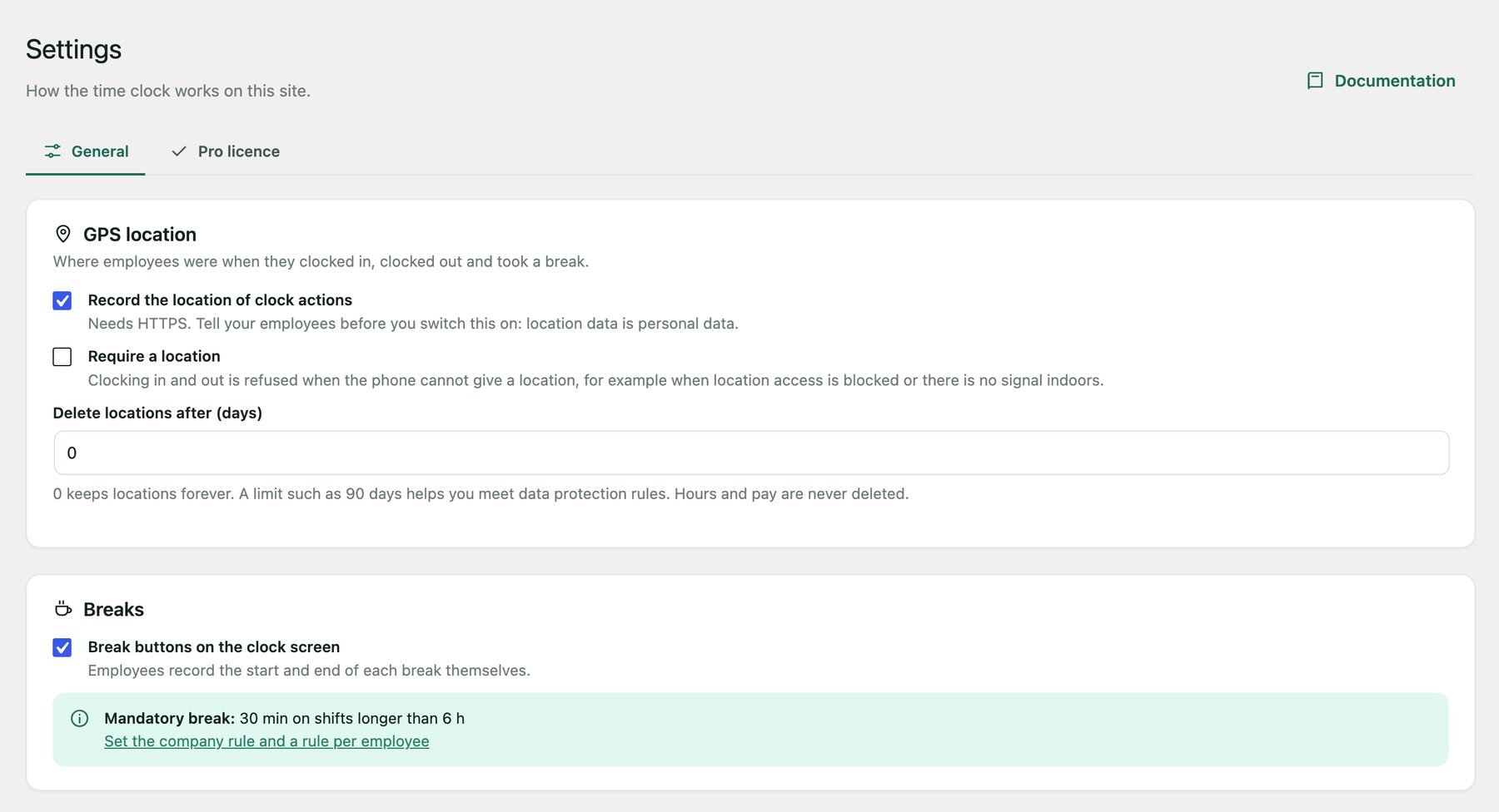 Time Clock documentation 1.0.2 (en) settings-top