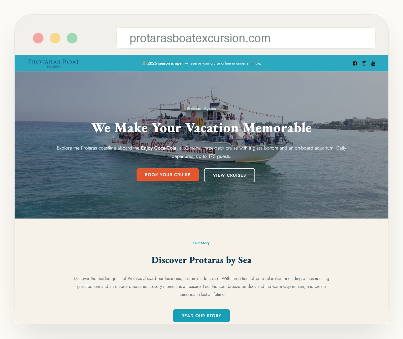 Protaras Boat Excursion website shown in a browser window